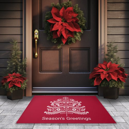 White on Red Scandinavian Nordic Christmas Tree Doormat