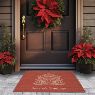 White on Red Scandinavian Nordic Christmas Tree Fiber Doormat