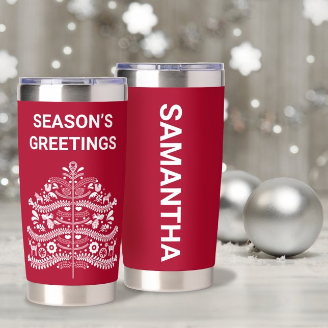 White on Red Scandinavian Nordic Christmas Tree Insulated Tumbler (Creator Uploaded)