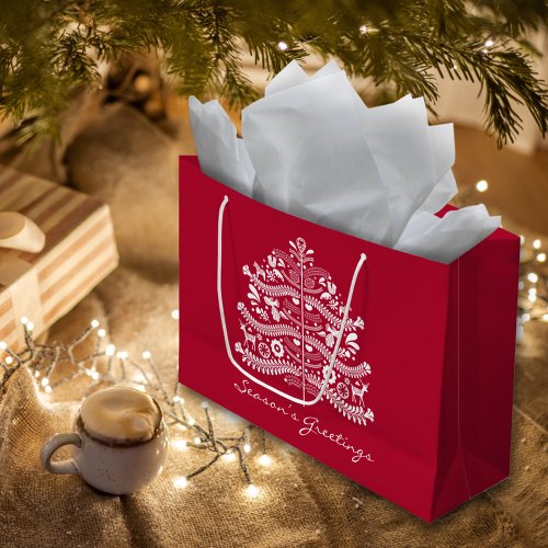 White on Red Scandinavian Nordic Christmas Tree Large Gift Bag