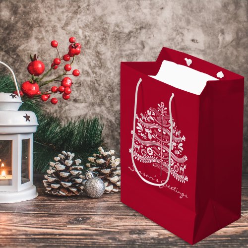 White on Red Scandinavian Nordic Christmas Tree Medium Gift Bag