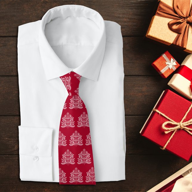 White on Red Scandinavian Nordic Christmas Tree Neck Tie (Creator Uploaded)
