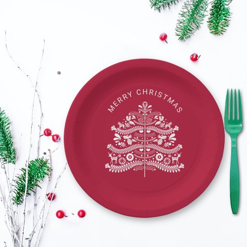 White on Red Scandinavian Nordic Christmas Tree Paper Plates