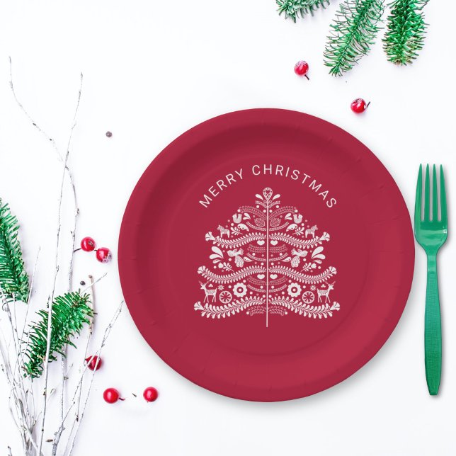 White on Red Scandinavian Nordic Christmas Tree Paper Plates (Creator Uploaded)