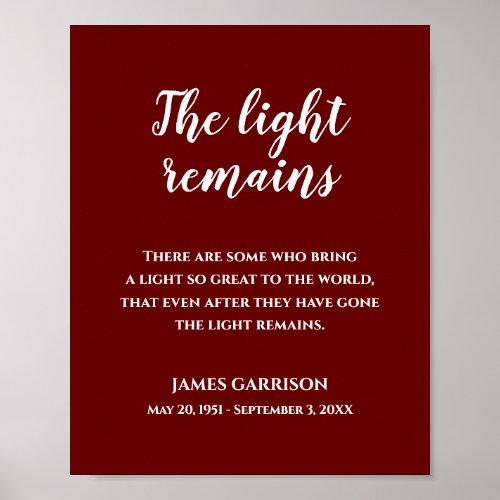 White On Red The Light Remains Quote Memorial Poster