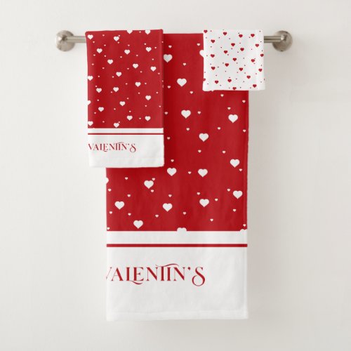 White on Red Valentines hearts pattern Bath Towel Set