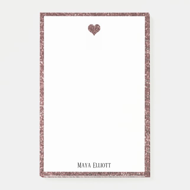 White on Rose Gold Faux Glitter Heart & Border Post-it Notes (Front)