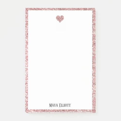 White on Rose Gold Faux Glitter Heart  Border Post_it Notes