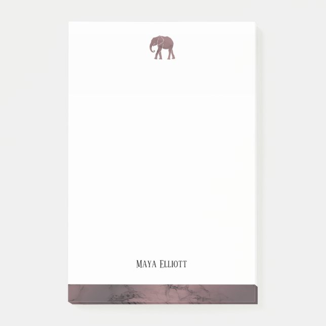 White on Rose Gold Marble Elephant & Border + Name Post-it Notes (Front)