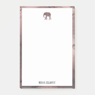 White on Rose Gold Marble, Elephant & Border, Name Post-it Notes