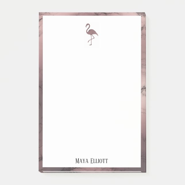 White on Rose Gold Marble, Flamingo & Border, Name Post-it Notes (Front)