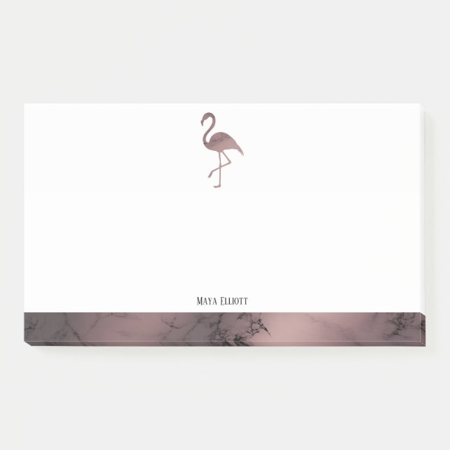 White on Rose Gold Marble Flamingo & Border, Name Post-it Notes (Front)
