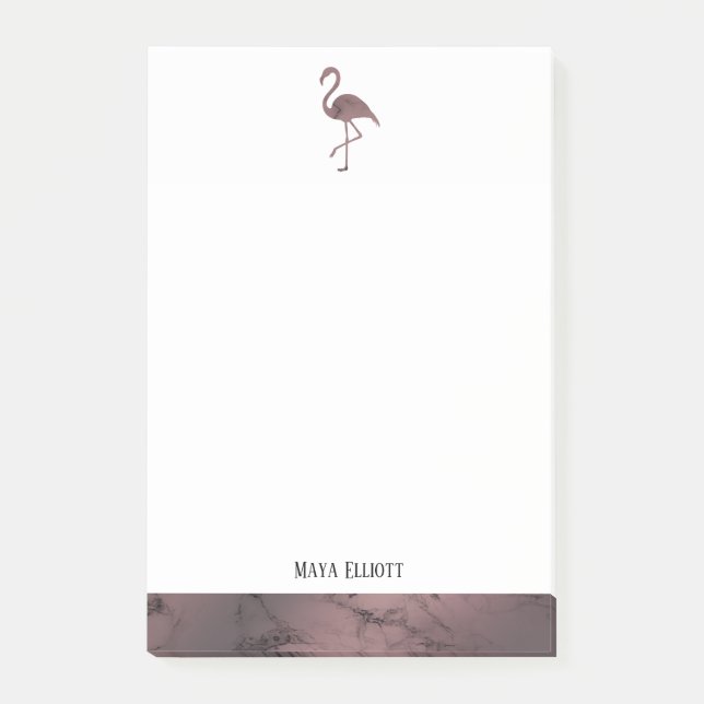 White on Rose Gold Marble, Flamingo & Border, Name Post-it Notes (Front)