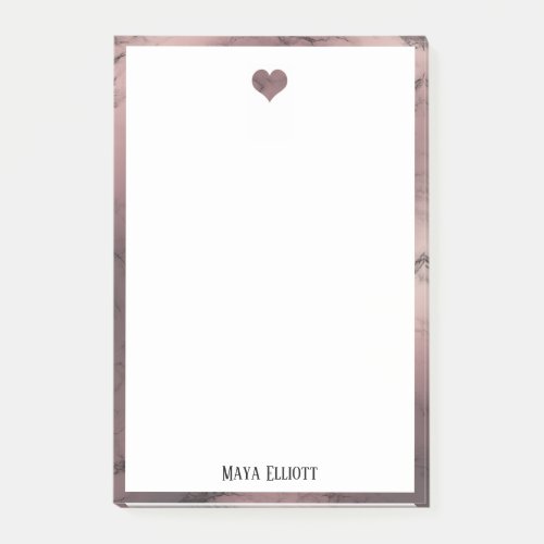 White on Rose Gold Marble Heart  Border Name Post_it Notes