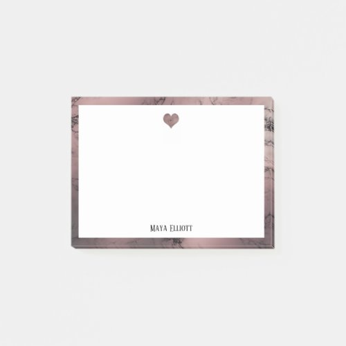 White on Rose Gold Marble Heart  Border Name Post_it Notes