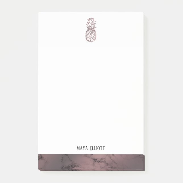 White on Rose Gold Marble Pineapple & Border, Name Post-it Notes (Front)
