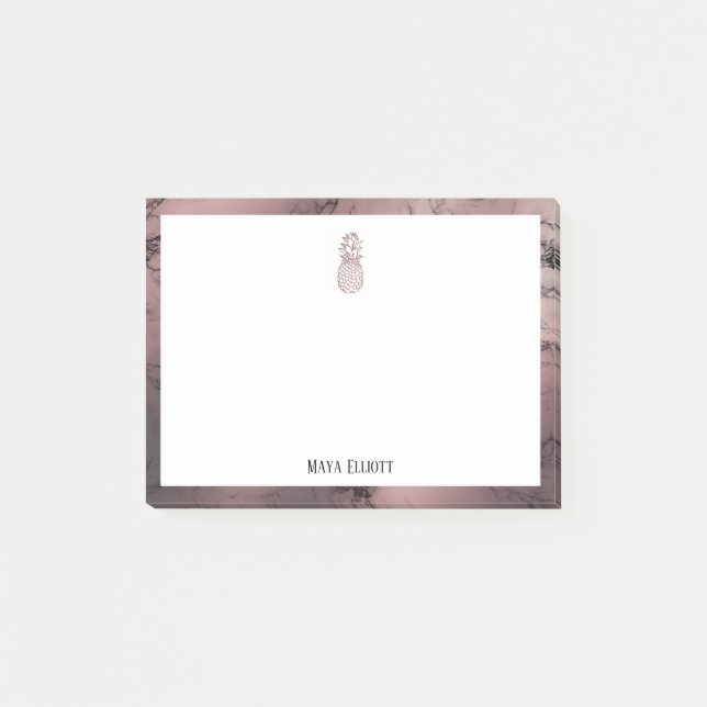 White on Rose Gold Marble Pineapple & Border, Name Post-it Notes (Front)