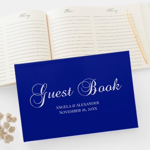 White on Royal Blue Decorative Script Personalized Guest Book