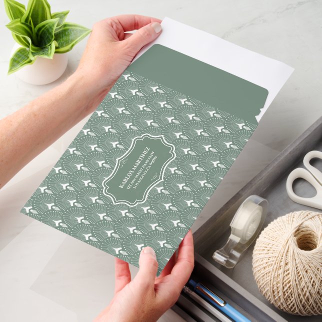 White on Sage Green Art Deco Pattern Envelope Mailers (Desk)