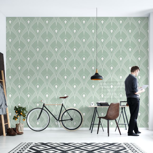White on sage green art deco pattern wallpaper  (Living Room)