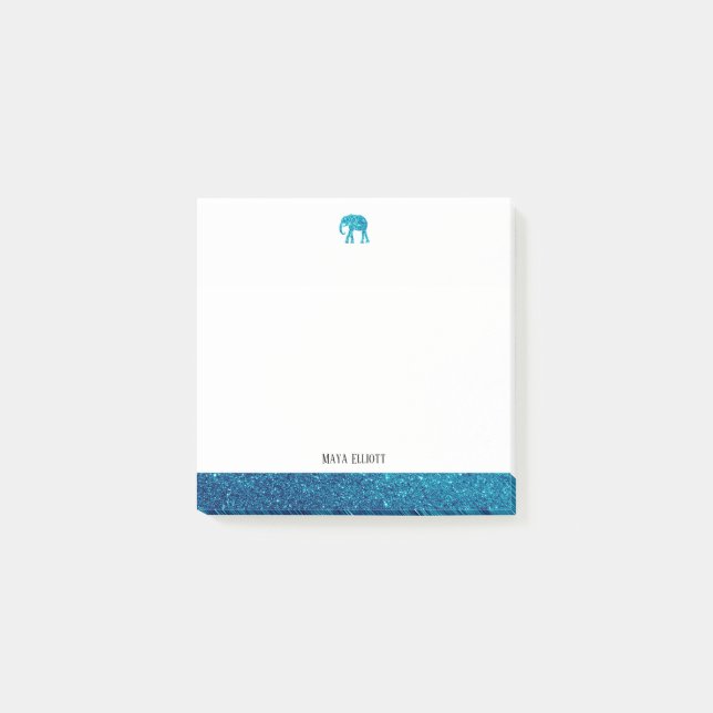 White on Teal Faux Glitter Elephant & Border, Name Post-it Notes (Front)