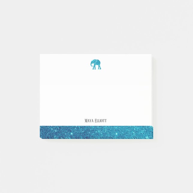 White on Teal Faux Glitter Elephant & Border, Name Post-it Notes (Front)