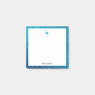 White on Teal Faux Glitter Flamingo & Border, Name Post-it Notes