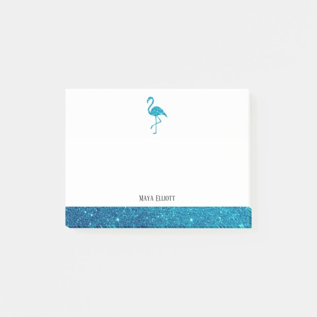 White on Teal Faux Glitter Flamingo & Border, Name Post-it Notes (Front)
