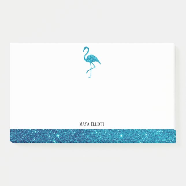 White on Teal Faux Glitter Flamingo & Border, Name Post-it Notes (Front)