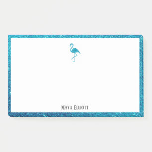 White on Teal Faux Glitter Flamingo & Border, Name Post-it Notes