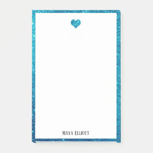 White on Teal Faux Glitter Heart & Border, Name Post-it Notes
