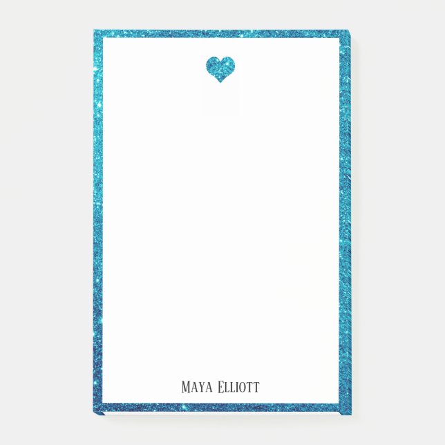 White on Teal Faux Glitter Heart & Border, Name Post-it Notes (Front)