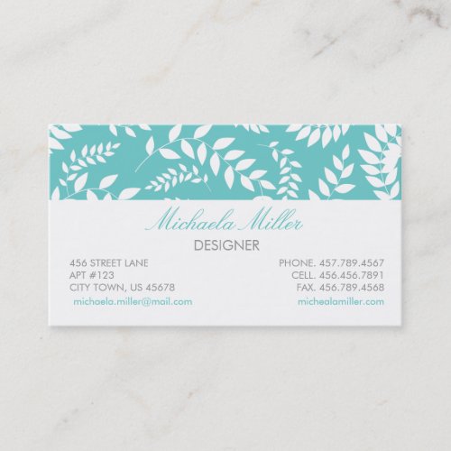 White on Teal Foliage Ferns Pattern Business Cards