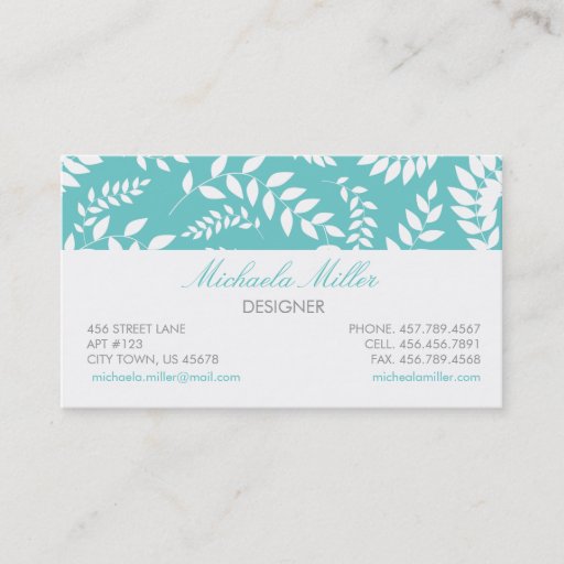 Customizable White on Teal Foliage Ferns Pattern Business Cards