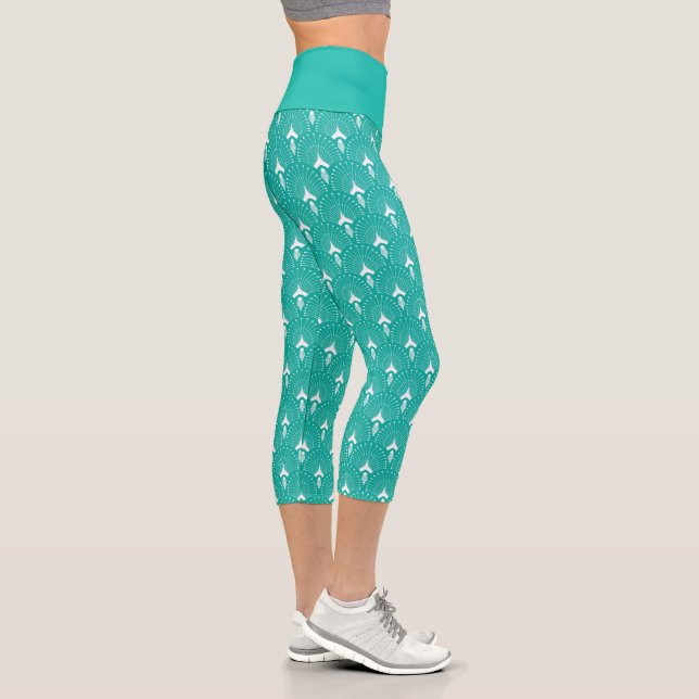 White on turquoise art-deco pattern capri leggings (Right)