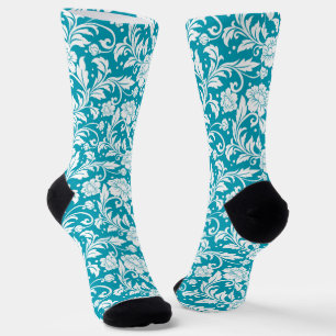 White on Turquoise Vintage Floral Damask Pattern Socks