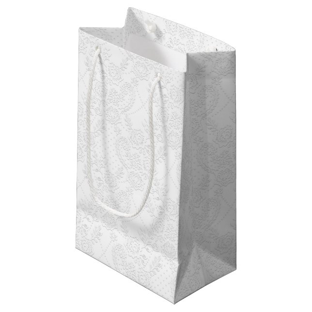 White on White Bridal Lace Embossed-Look Gift Bag (Front Angled)