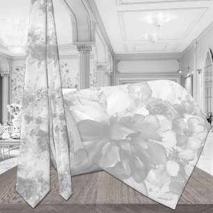 White On White Cascading Peonies Pale Gray Wedding Neck Tie