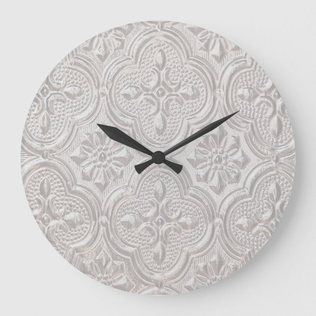 White On White Floral Pattern Large Clock (Front)
