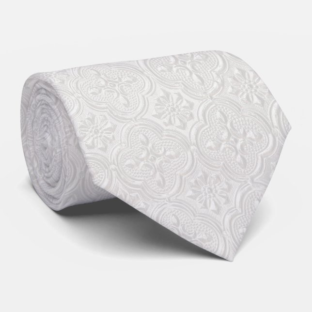White On White Floral Pattern Neck Tie (Rolled)