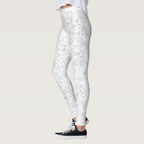 White on White Floral Print Vintage Wallpaper Leggings