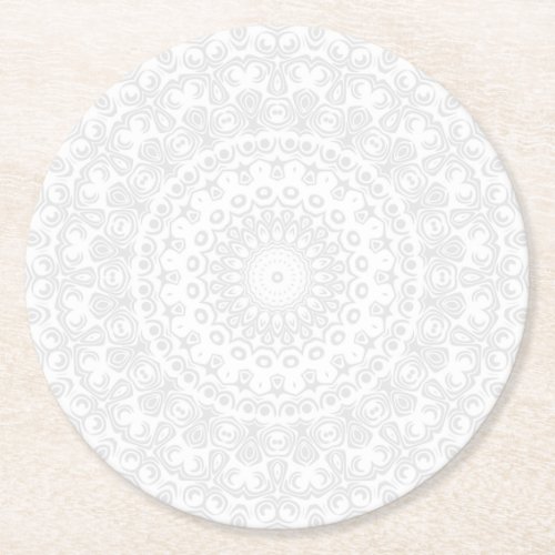 White on White Mandala Kaleidoscope Medallion Round Paper Coaster