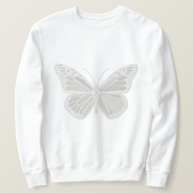 White on White Monarch Butterfly Embroidery Embroidered Sweatshirt (Design Front)