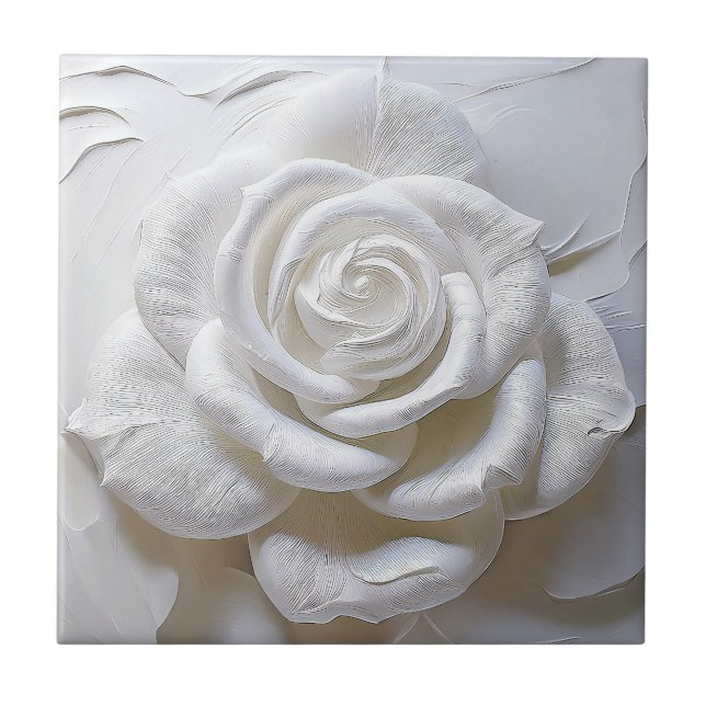 White On White - Sculpted Rose Ceramic Tile (Front)