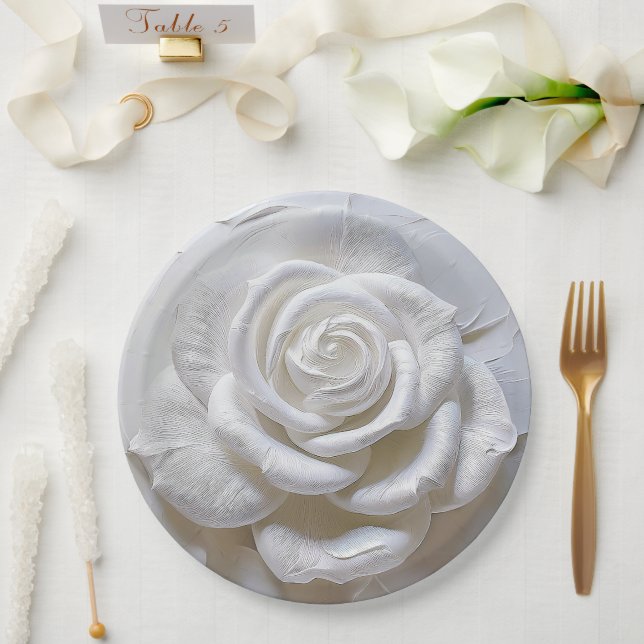 White On White - Sculpted Rose Paper Plates (Wedding)
