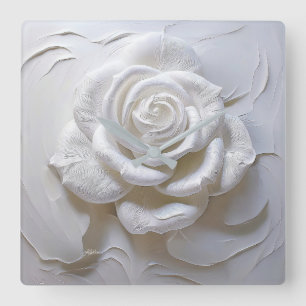 White On White - Sculpted Rose Square Wall Clock