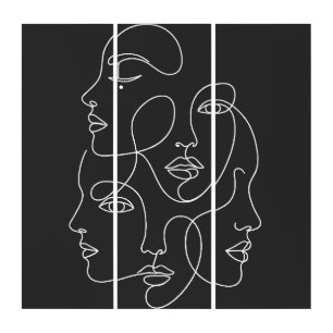 White One Line Faces Abstract Black Art