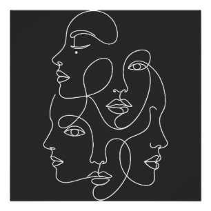White One Line Faces Abstract Black Art Poster
