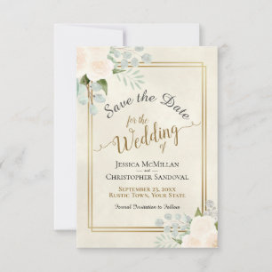 White or Peach Roses & Eucalyptus Boho Wedding Save The Date