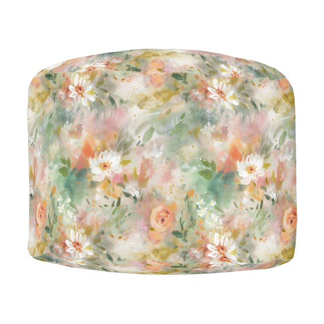 White Orange Abstract Painting Floral Pattern Pouf (Front)